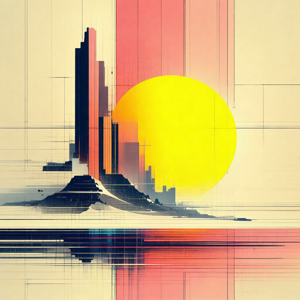 Painting of a cityscape with a large yellow sun in the ce...