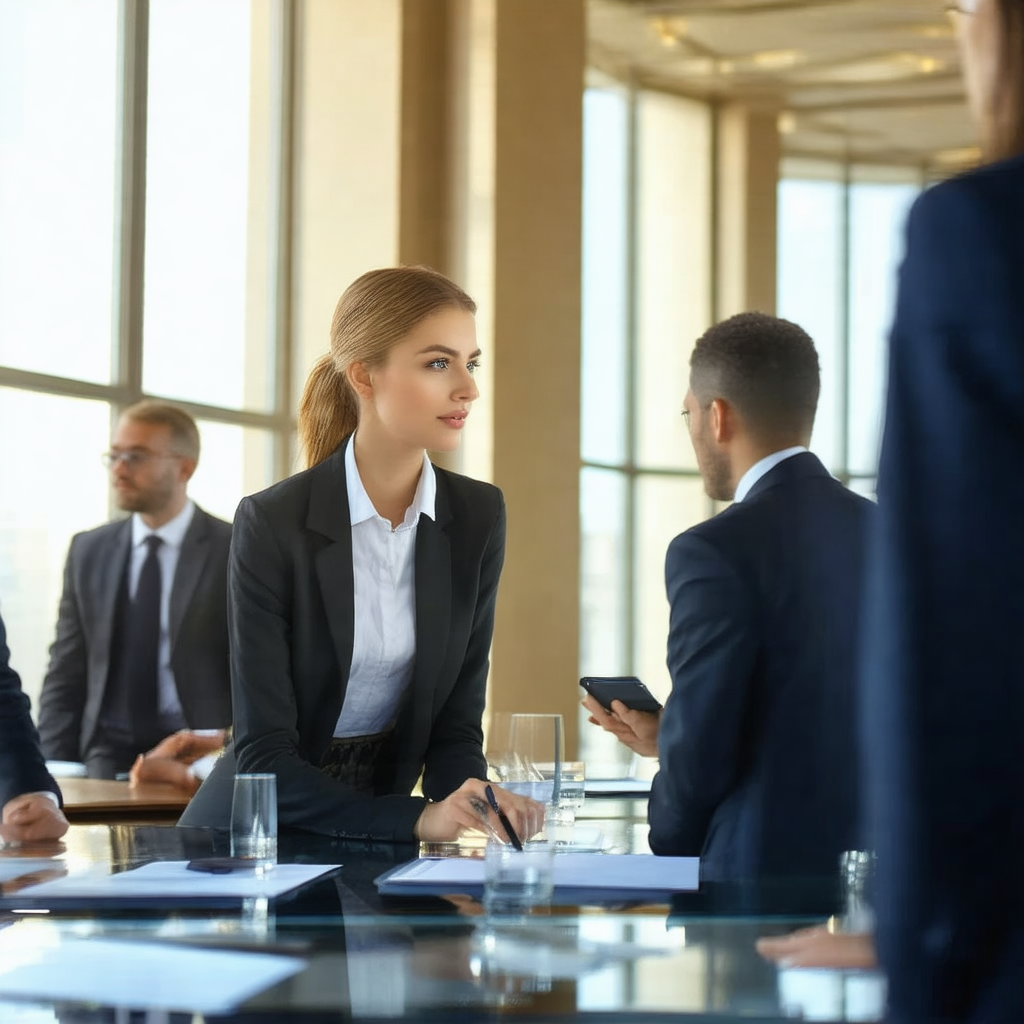 Group of people sitting around a conference table, engage...
