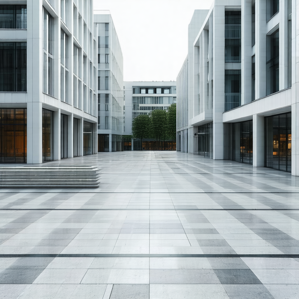 Large, empty city square surrounded by tall buildings