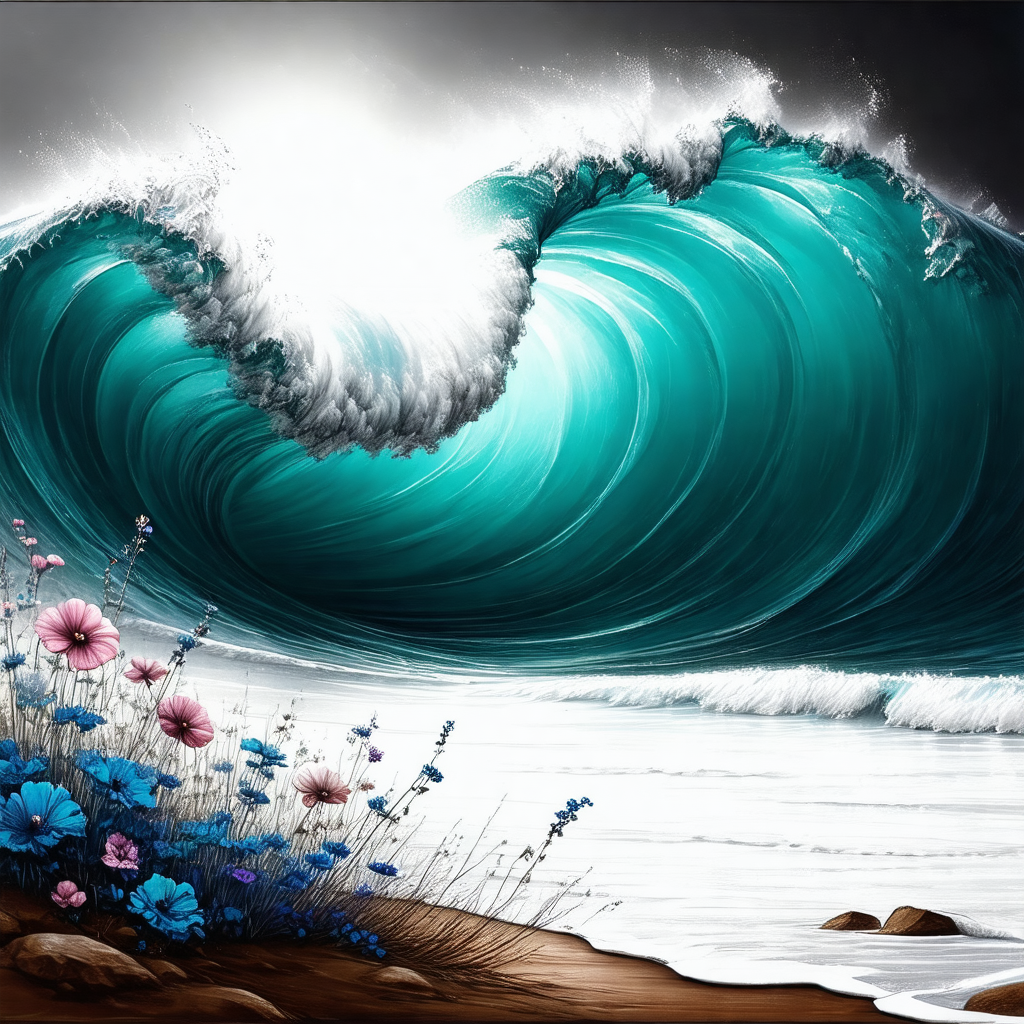 Beautiful beach scene with a large wave crashing onto the...