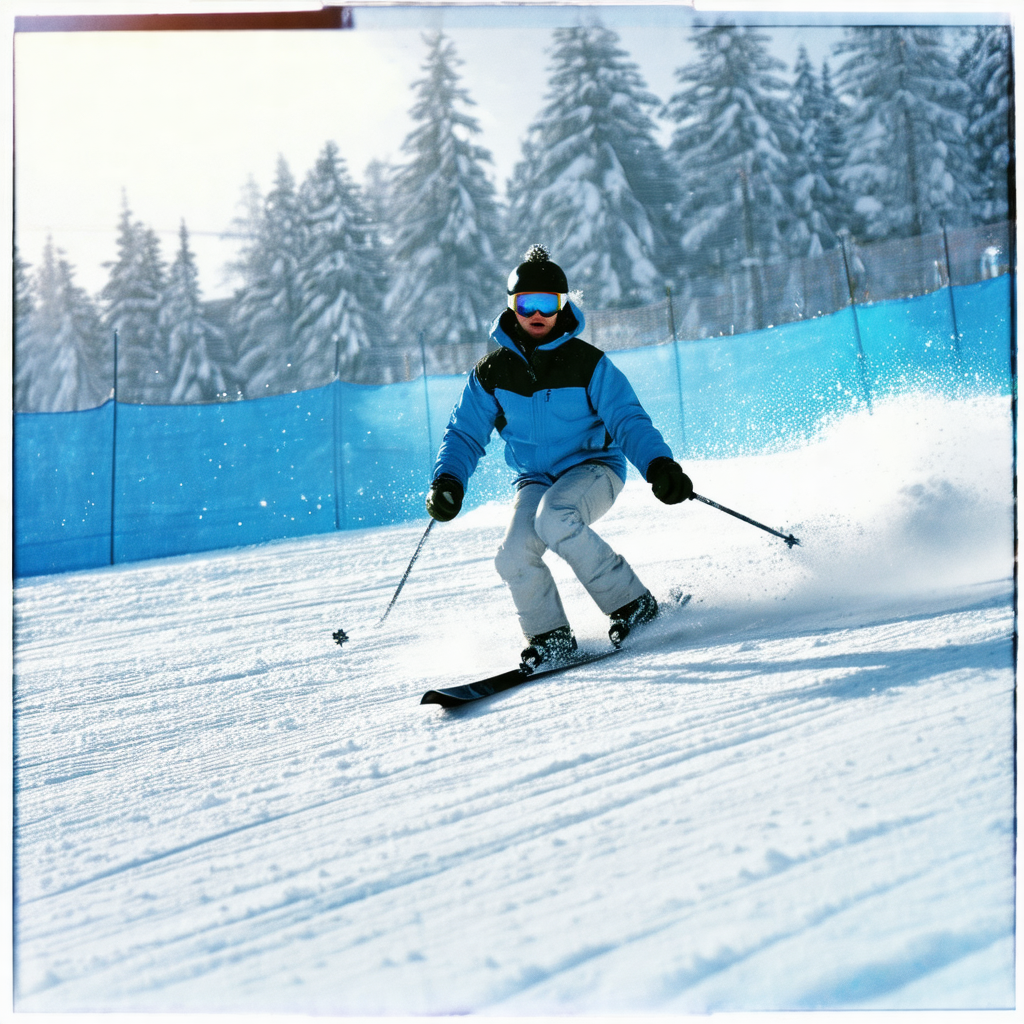 Captures a man skiing down a snow-covered slope