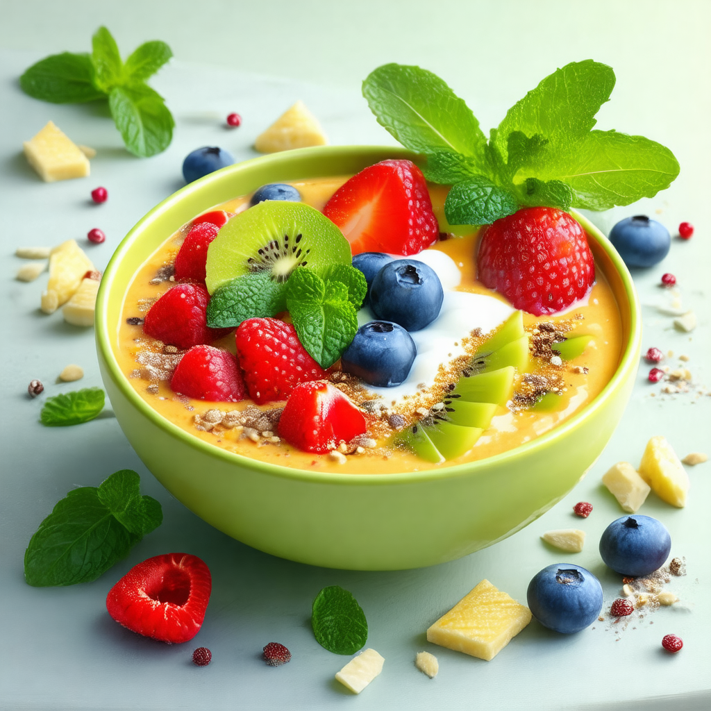 Green bowl filled with a delicious fruit salad