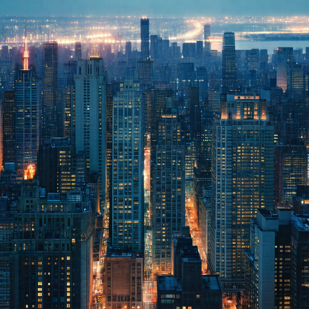 Nighttime view of a large city, with a skyline filled wit...