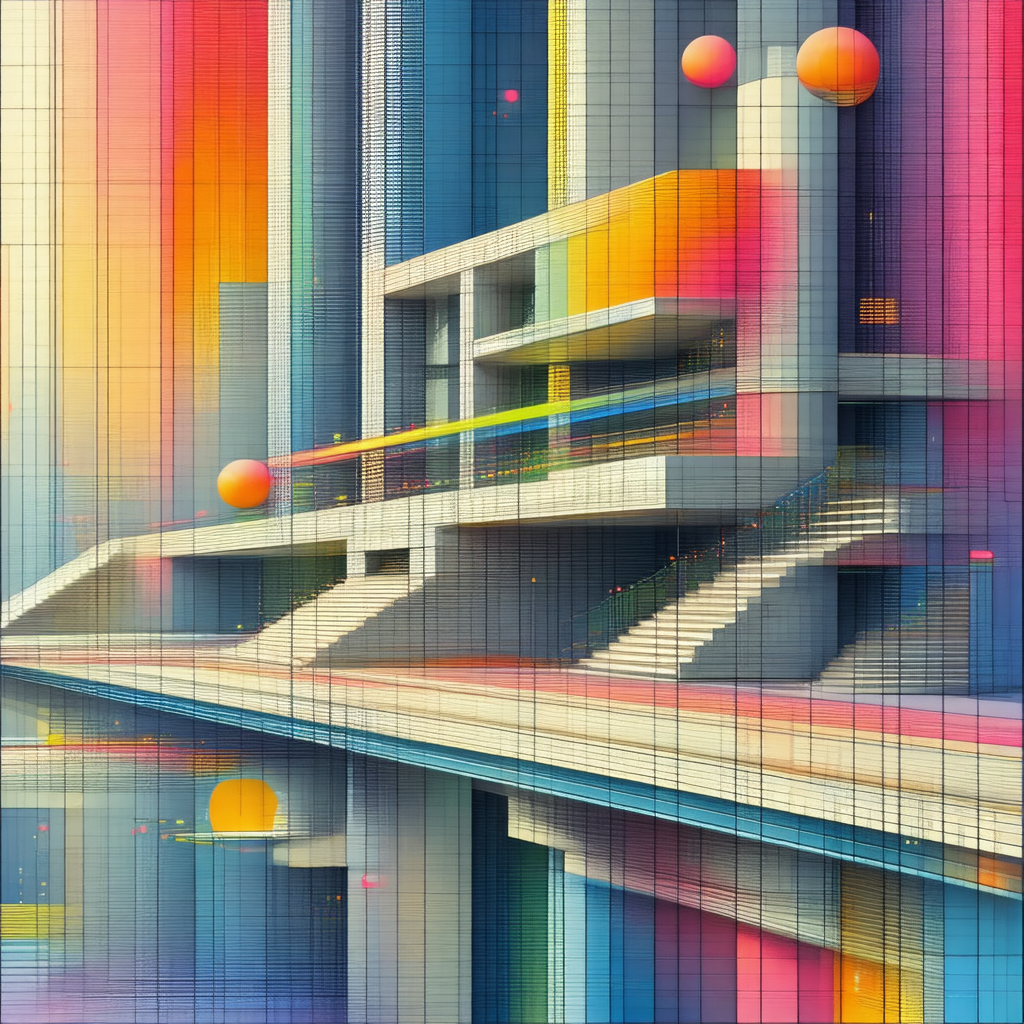 Colorful, abstract representation of a building with a st...