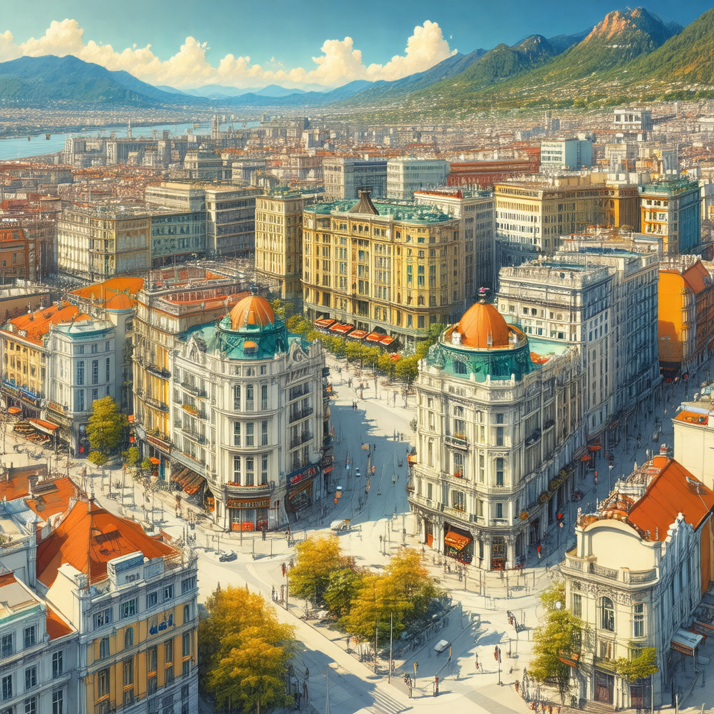 Beautifully drawn cartoon of a city with a large mountain...