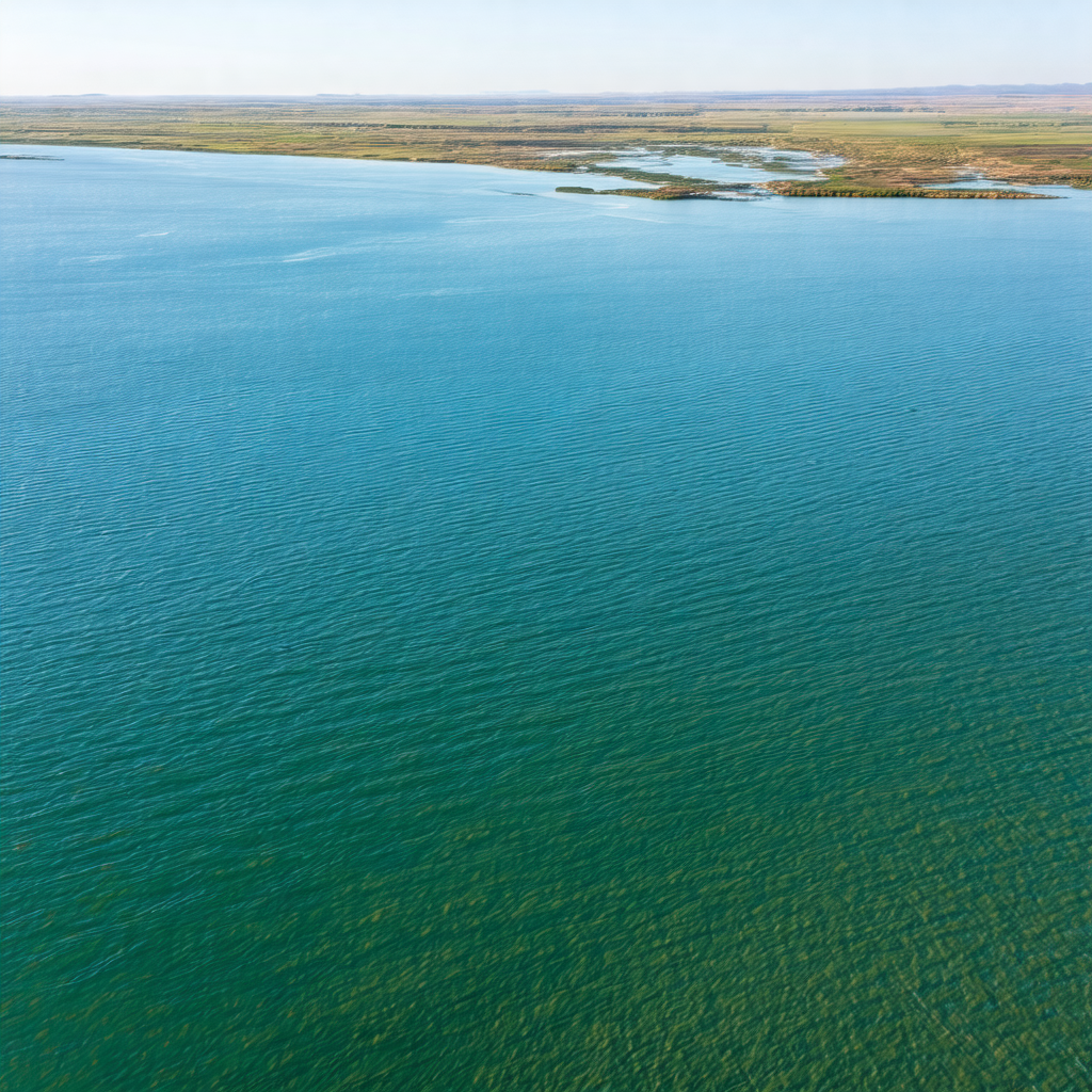 Large body of water, possibly a lake or a sea, with a cle...