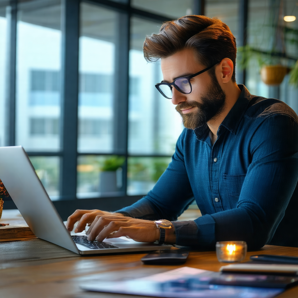 Man sitting at a desk, working on a laptop computer