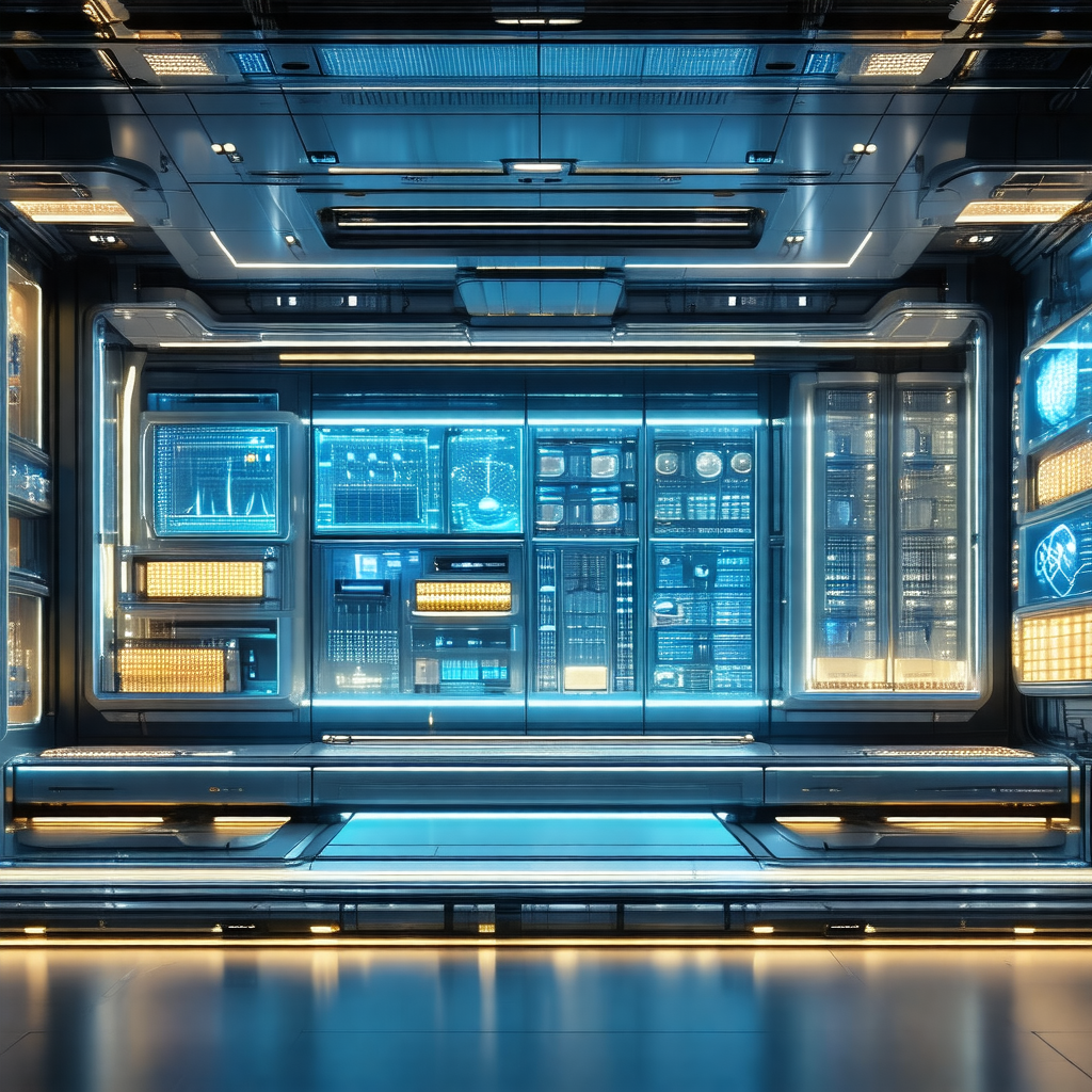 Futuristic scene featuring a large, blue-lit room with a ...