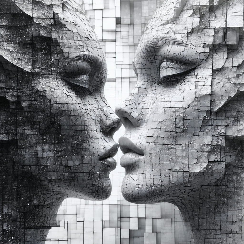 Two sculptures of women's faces, with one face on the lef...