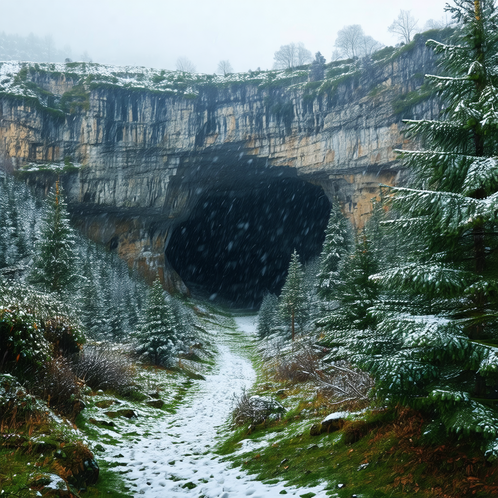 Snowy mountain with a cave entrance