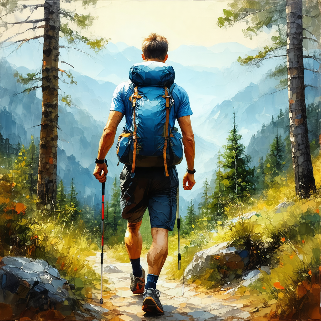 Man wearing a backpack, walking down a trail in the woods