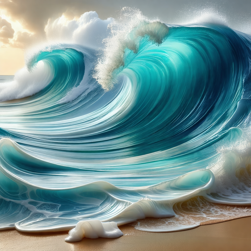 Large, blue ocean wave crashing onto a sandy beach