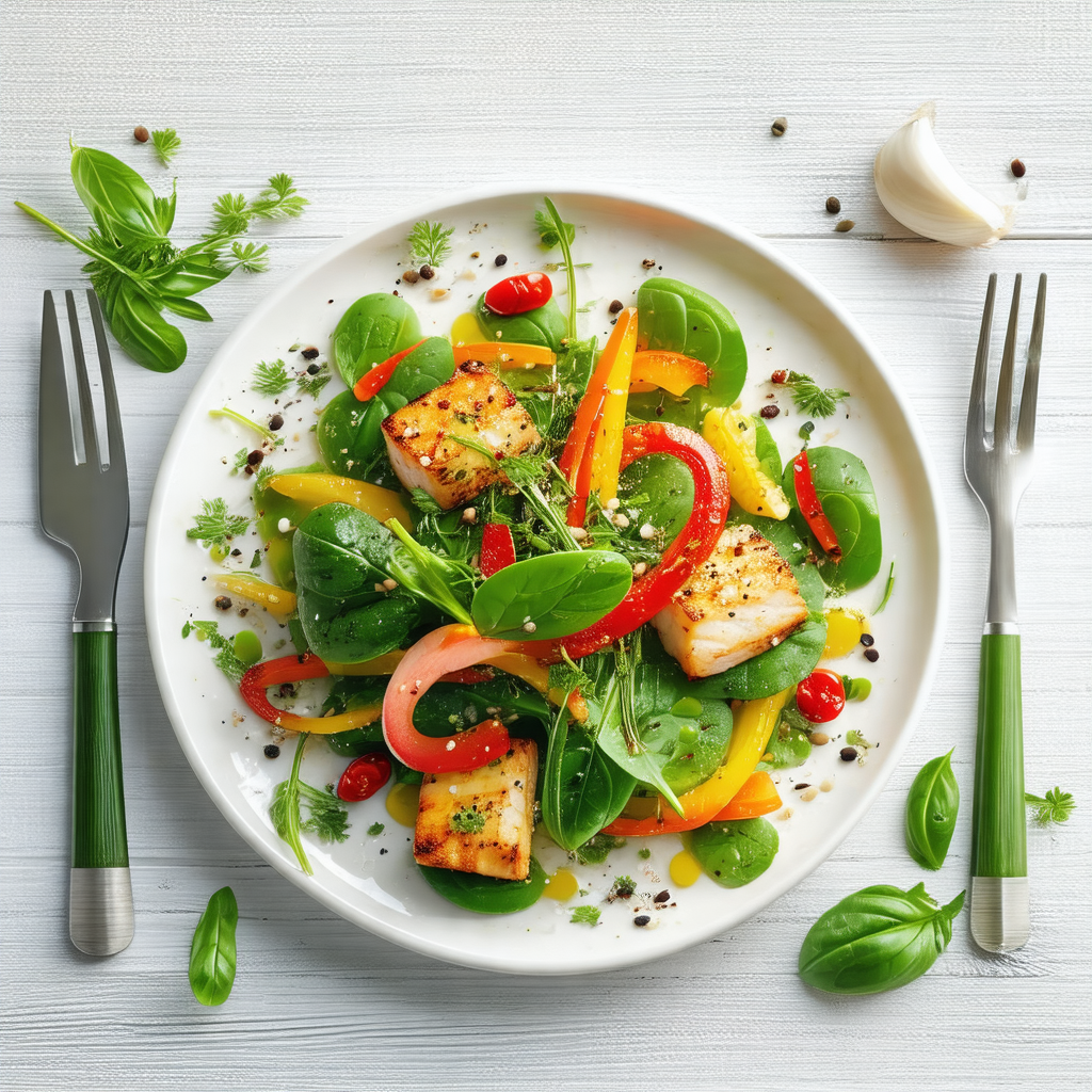 White plate filled with a delicious salad