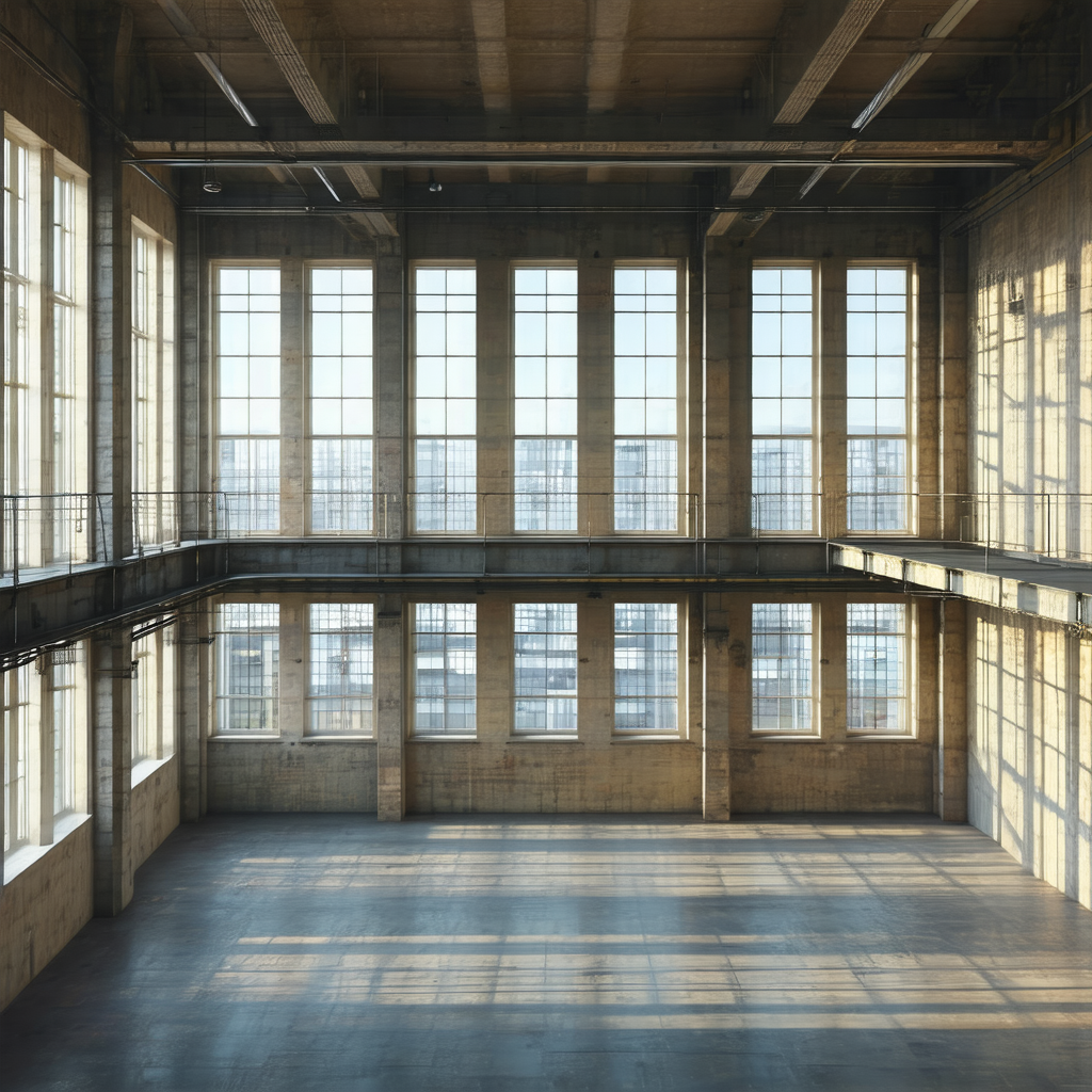 Black and white photograph of a large, empty room with hi...