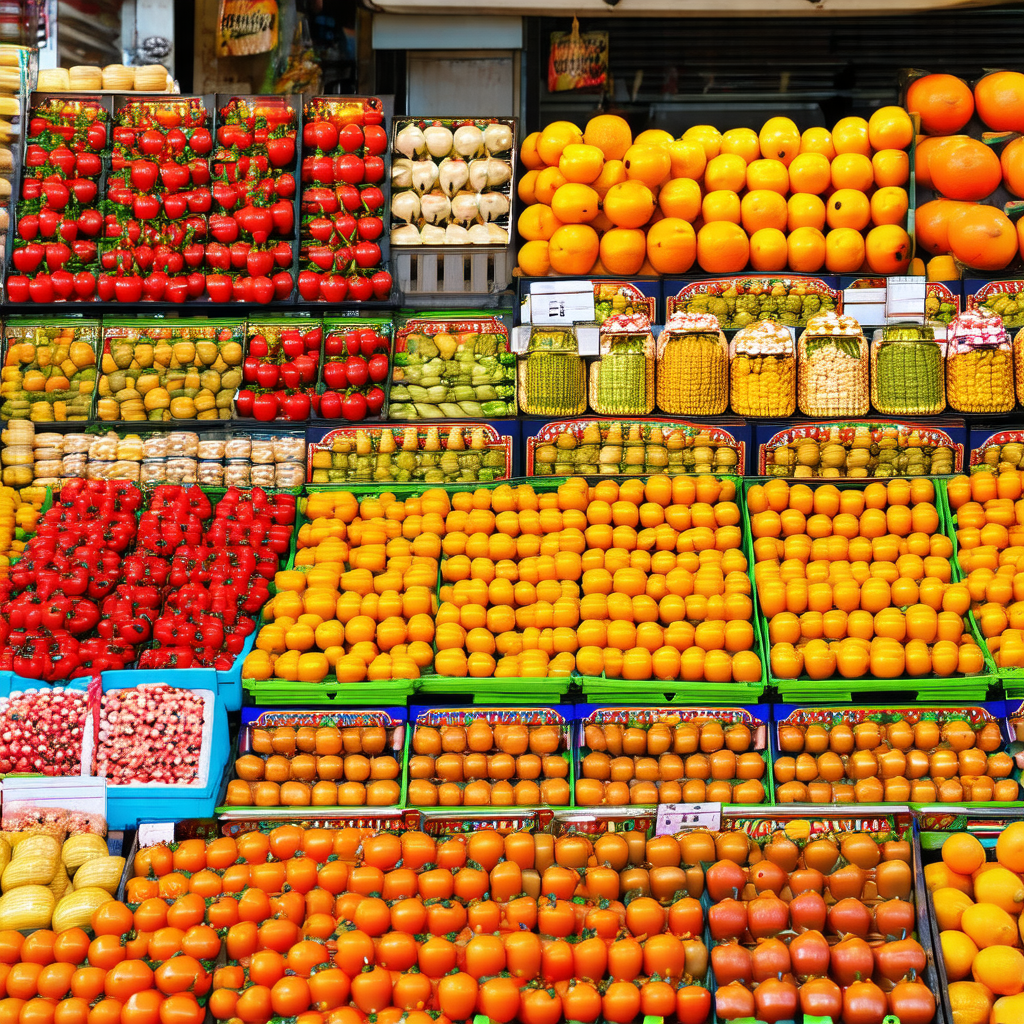 Showcases a vibrant and colorful fruit stand at a market