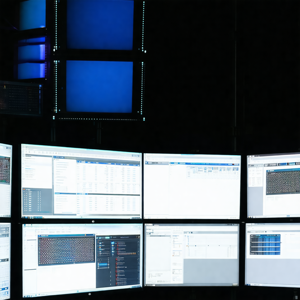 Large computer monitor with multiple screens, displaying ...