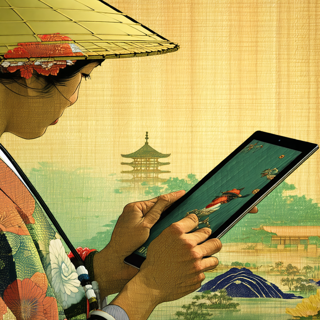 Woman wearing a kimono, standing in front of a beautifull...