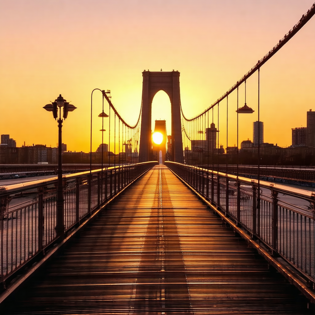 Captures a beautiful sunset over a city, with a large bri...