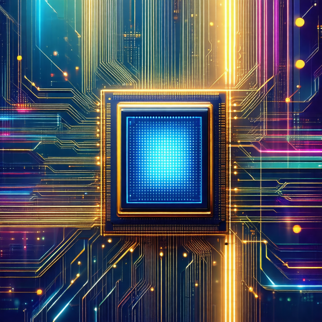 Close-up of a computer chip with a blue square in the center