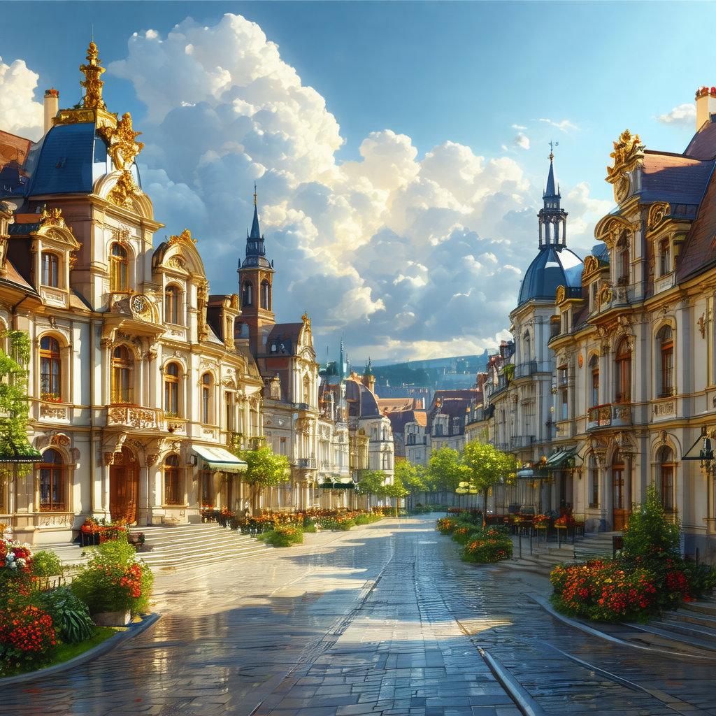 Beautiful city street with a row of buildings on one side...