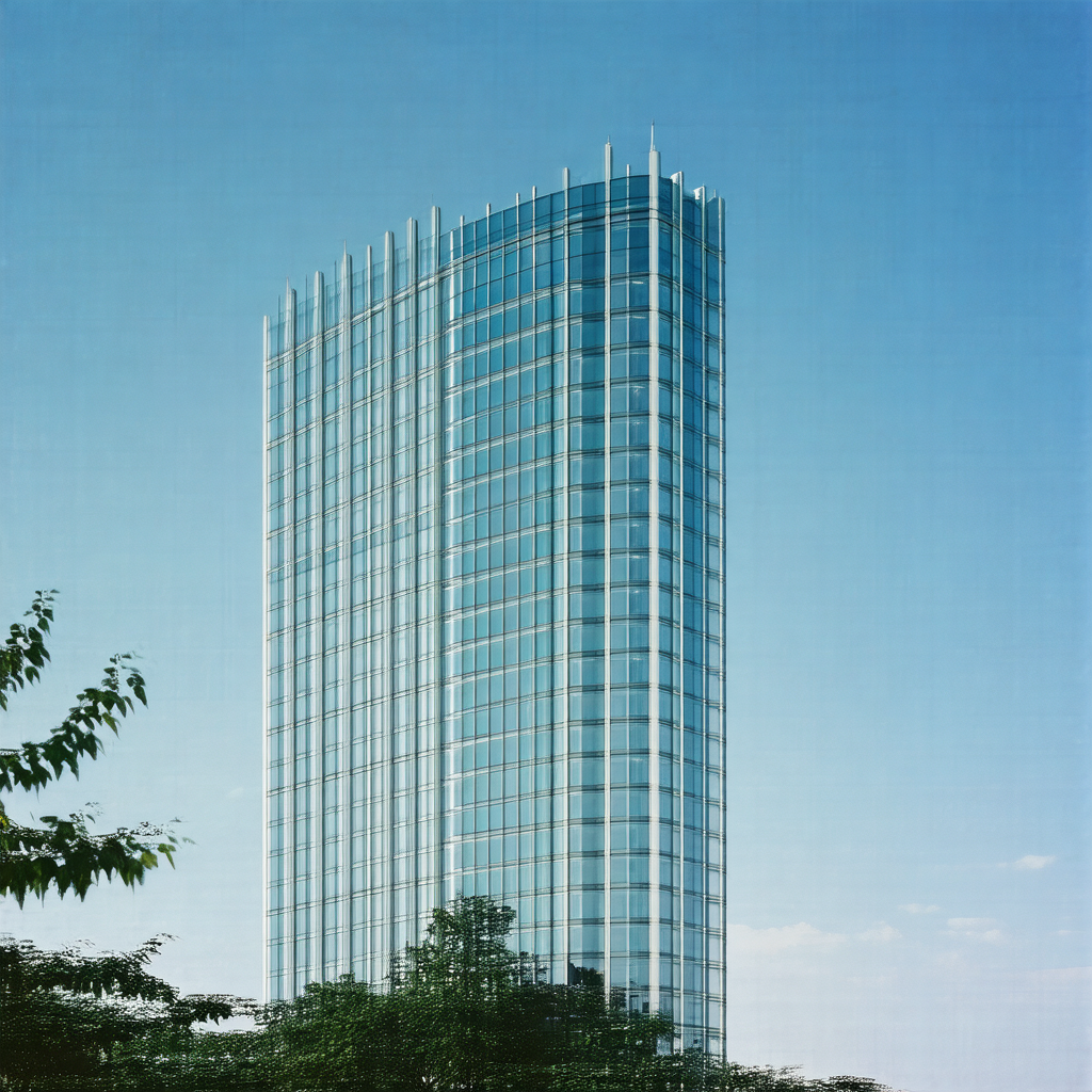Tall, modern building with a large glass window