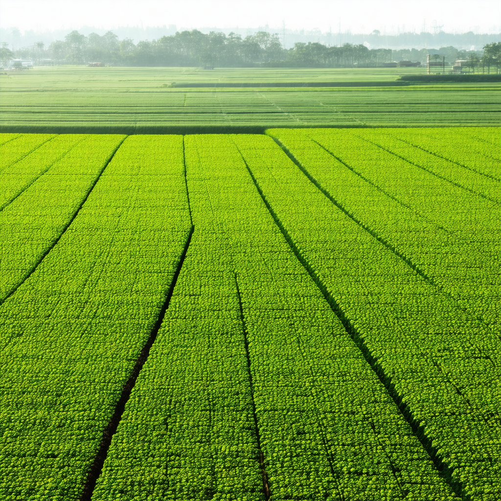 Large, lush green field with a variety of crops growing