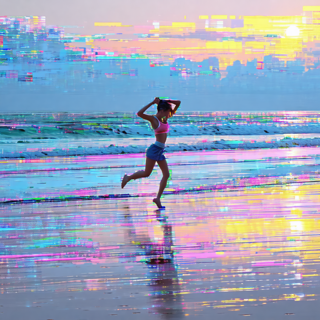 Woman running on a beach, enjoying the beautiful sunset