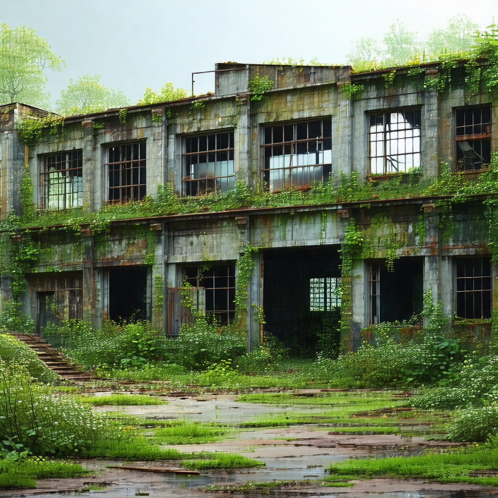 Large, abandoned building with a lush green ivy growing o...
