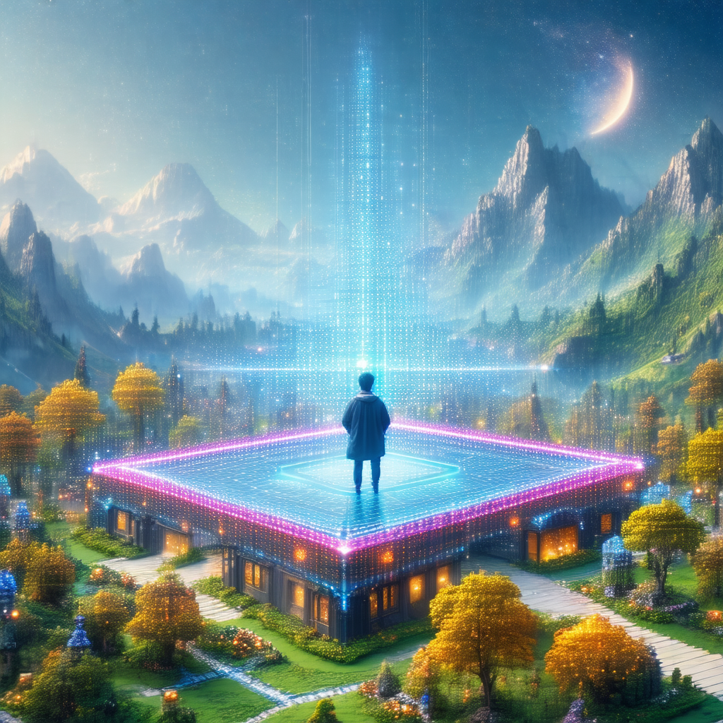 Digital painting of a man standing on top of a building, ...