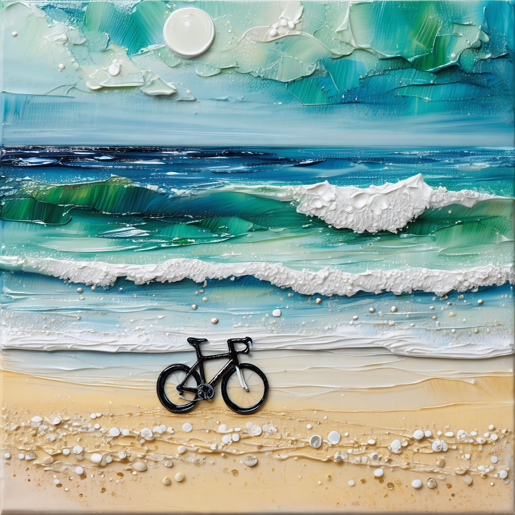 Bicycle parked on a sandy beach near the ocean