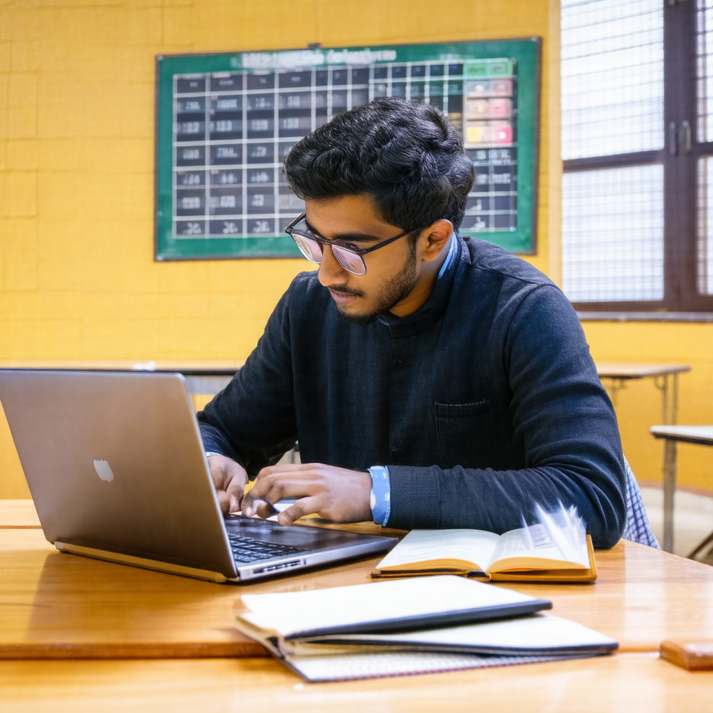 Man sitting at a desk, working on a laptop computer