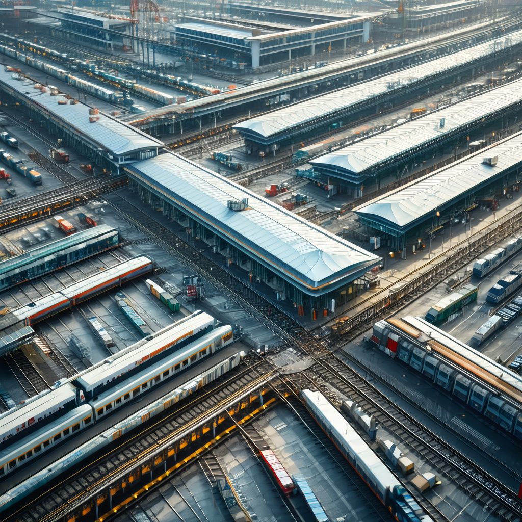 Bird's eye view of a train yard, showcasing a large numbe...