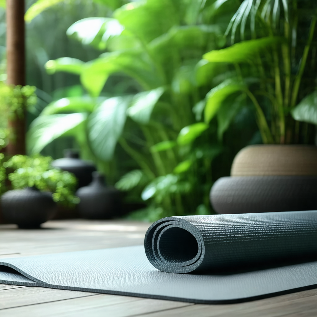 Yoga mat placed on a wooden floor, surrounded by various ...