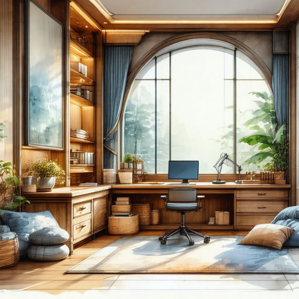 Cozy and well-organized living room with a large window