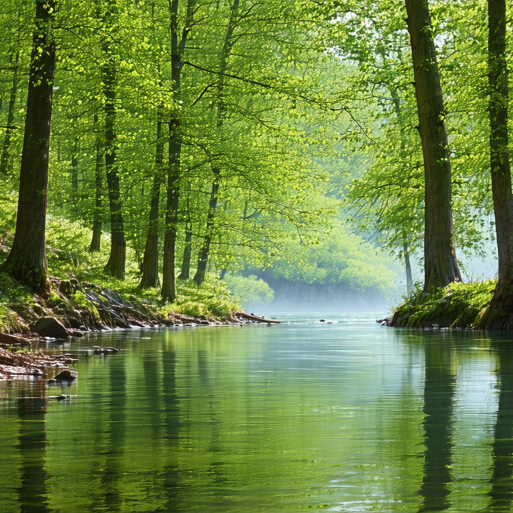 Serene scene of a river flowing through a forest