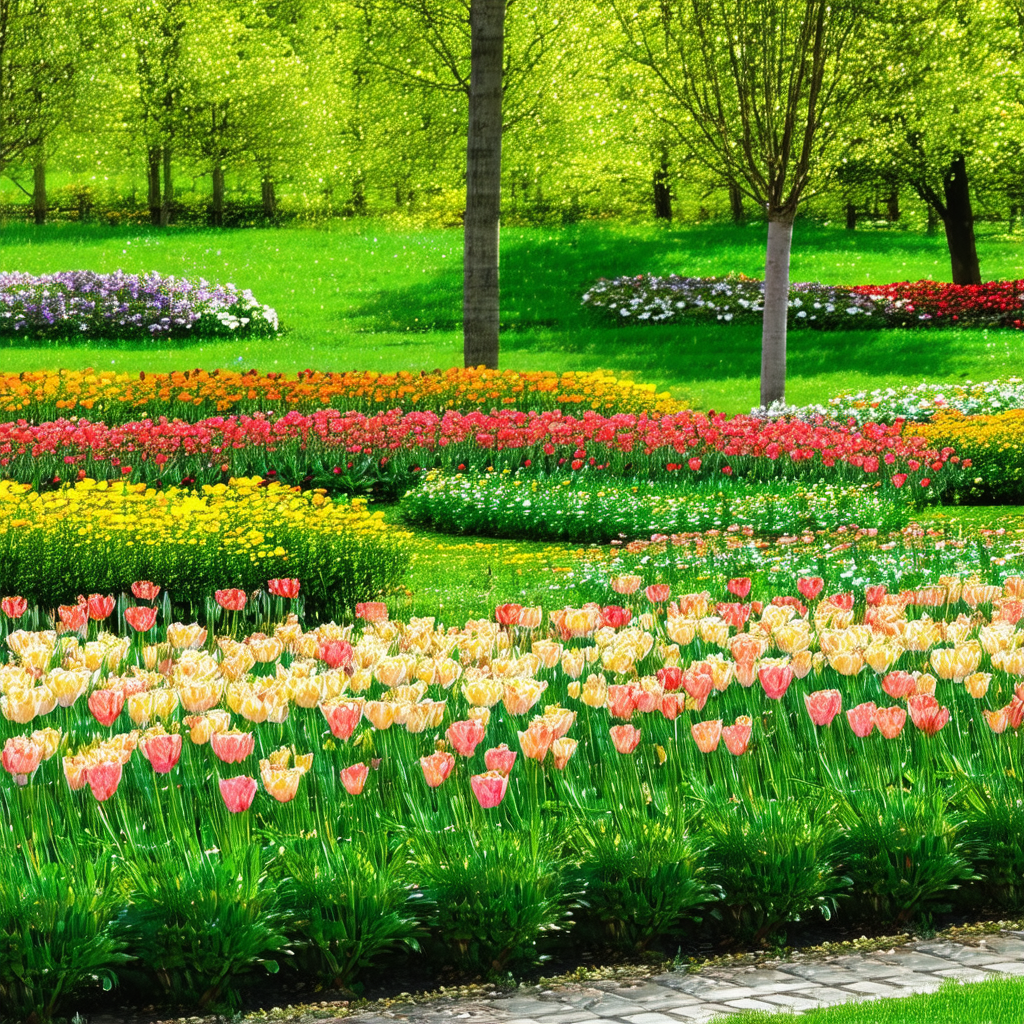 Beautiful garden with a variety of flowers, including a l...