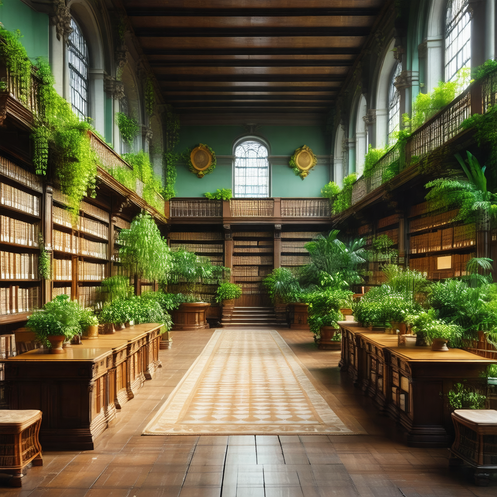 Large, ornate library filled with numerous bookshelves