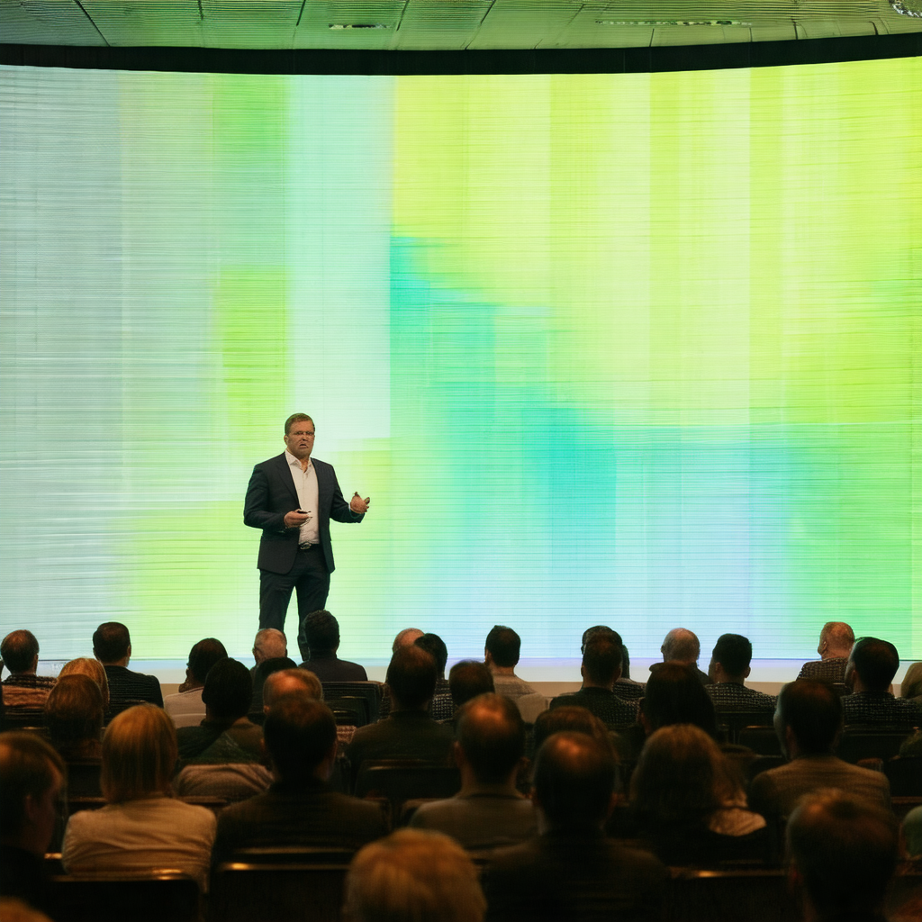 Man standing in front of a large screen, giving a present...