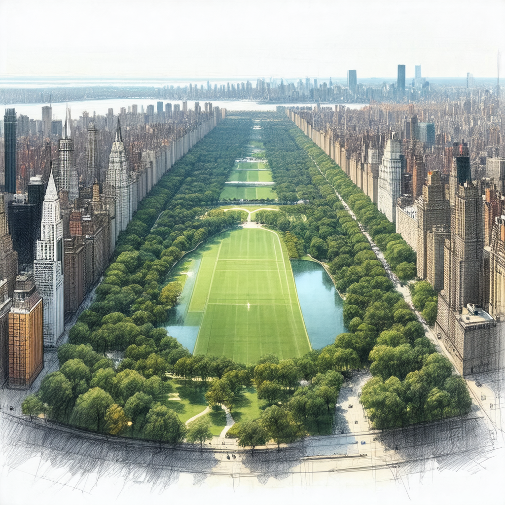 Drawing of a large city park with a soccer field in the m...