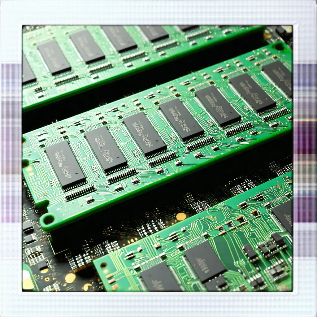 Close-up of a green circuit board with several chips on it