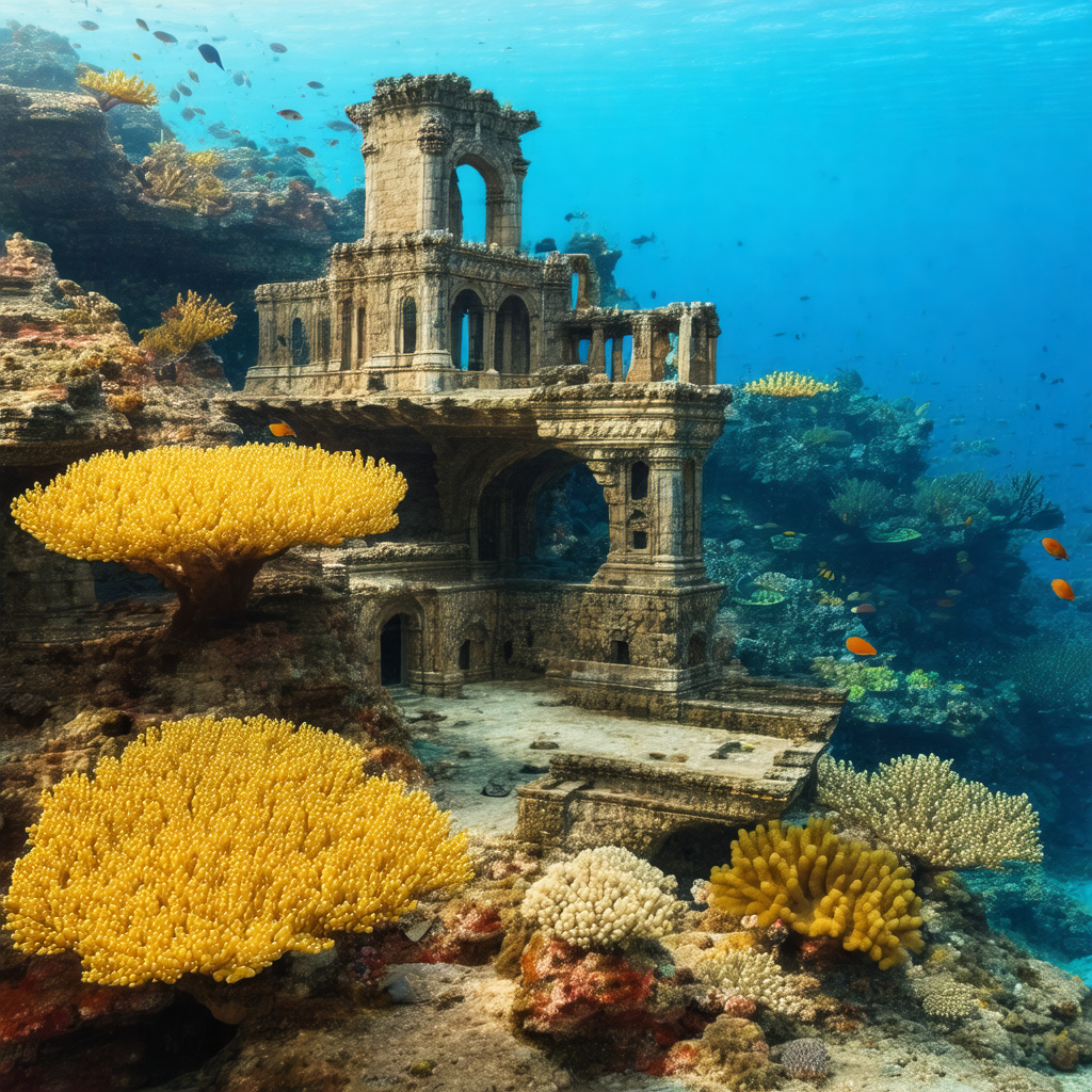 Beautiful underwater scene with a large stone building, p...