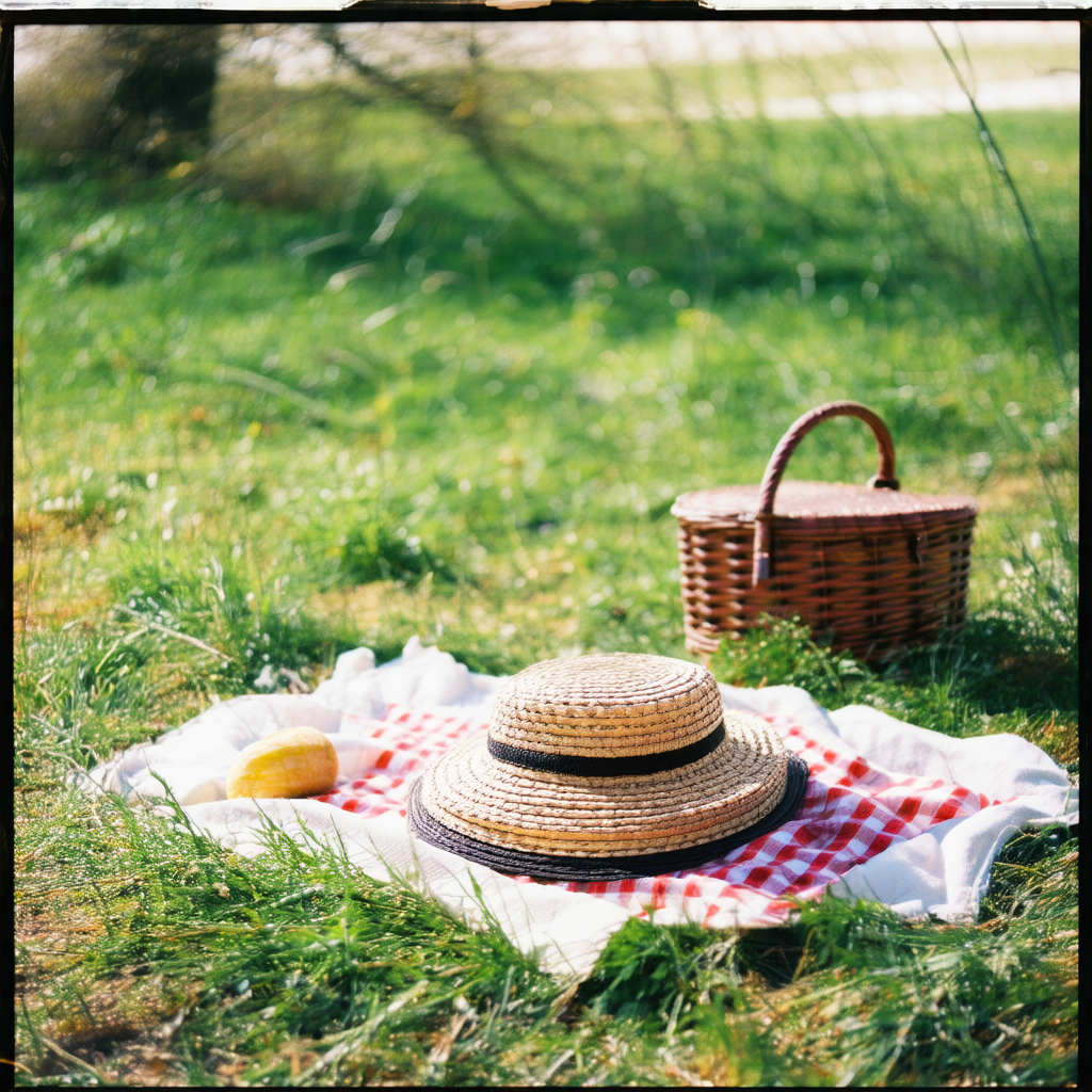 Grassy field with a red and white checkered blanket sprea...