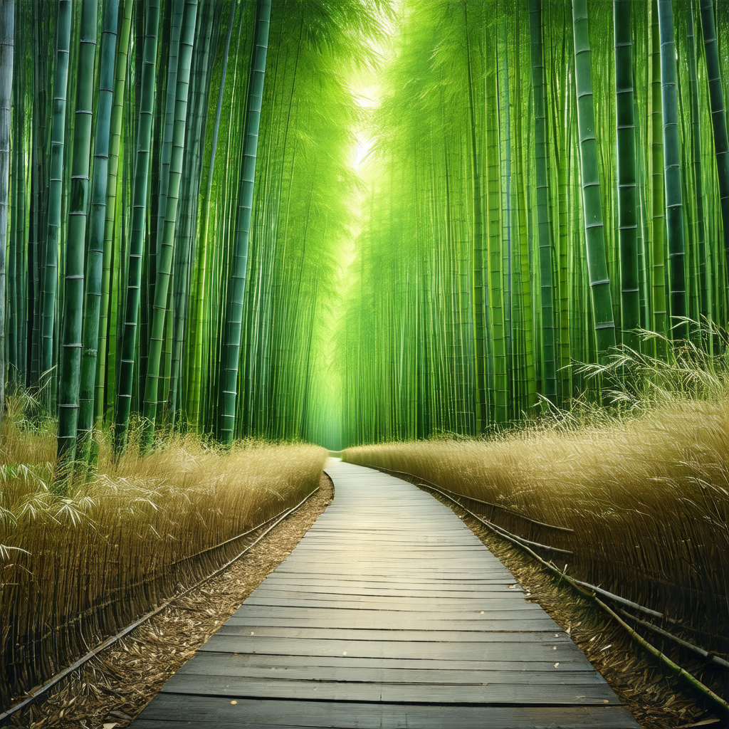 Long, narrow pathway surrounded by a forest of tall, slen...