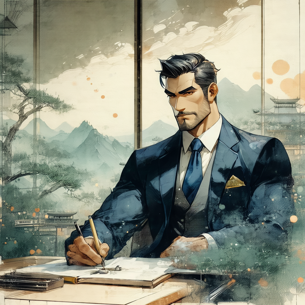Painting of a man wearing a suit and tie, sitting at a de...