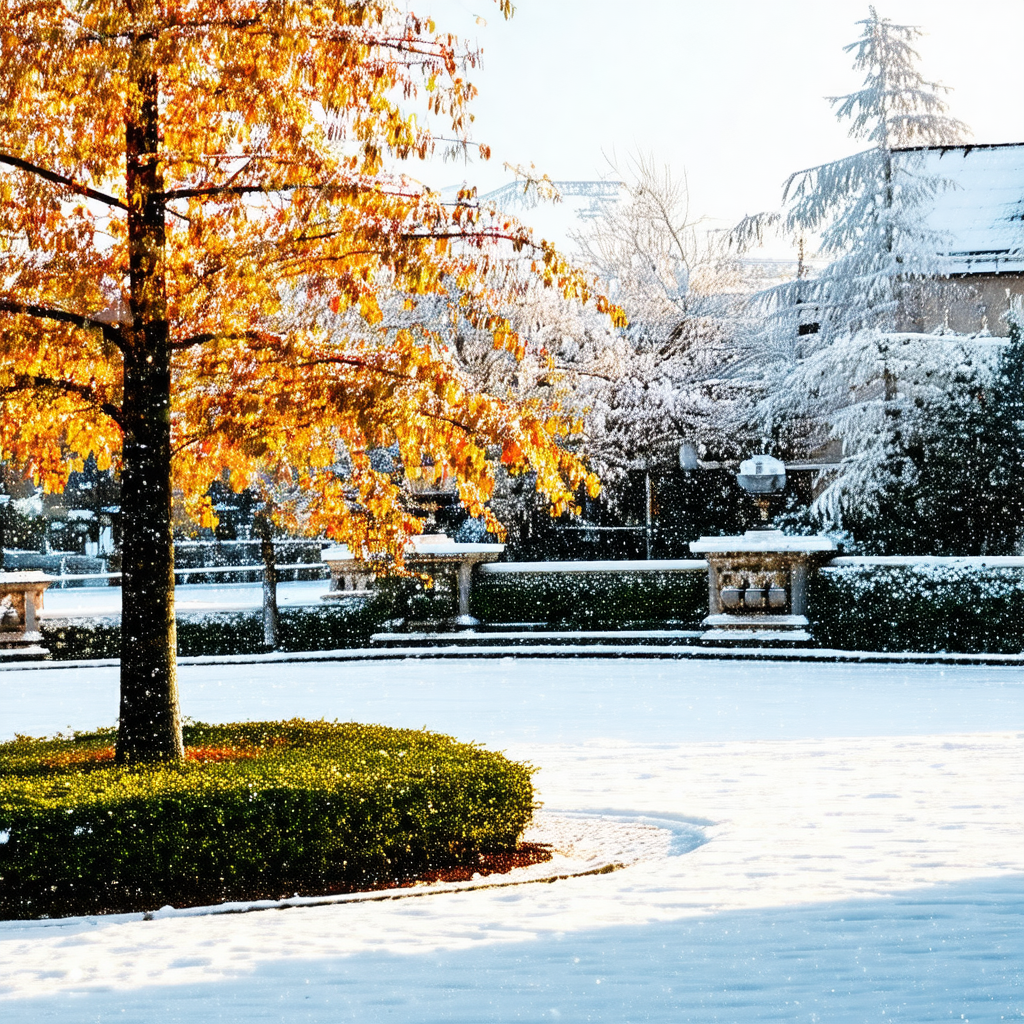 Snow-covered park with a large tree in the center