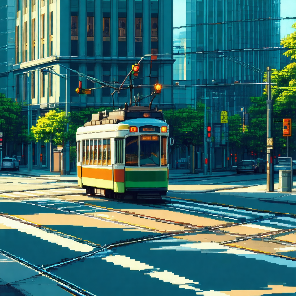 Cartoon-like drawing of a city street with a trolley car ...