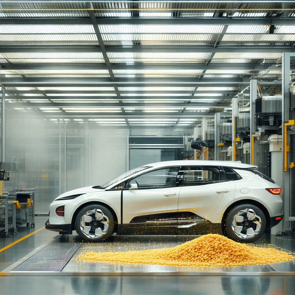 White car parked in a garage, surrounded by a yellow subs...