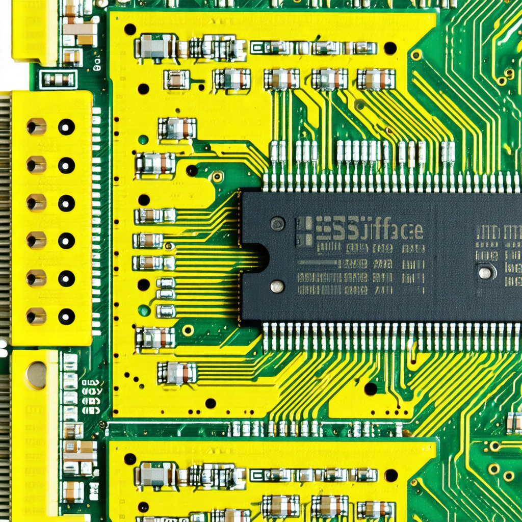 Close-up of a computer circuit board with a yellow and gr...
