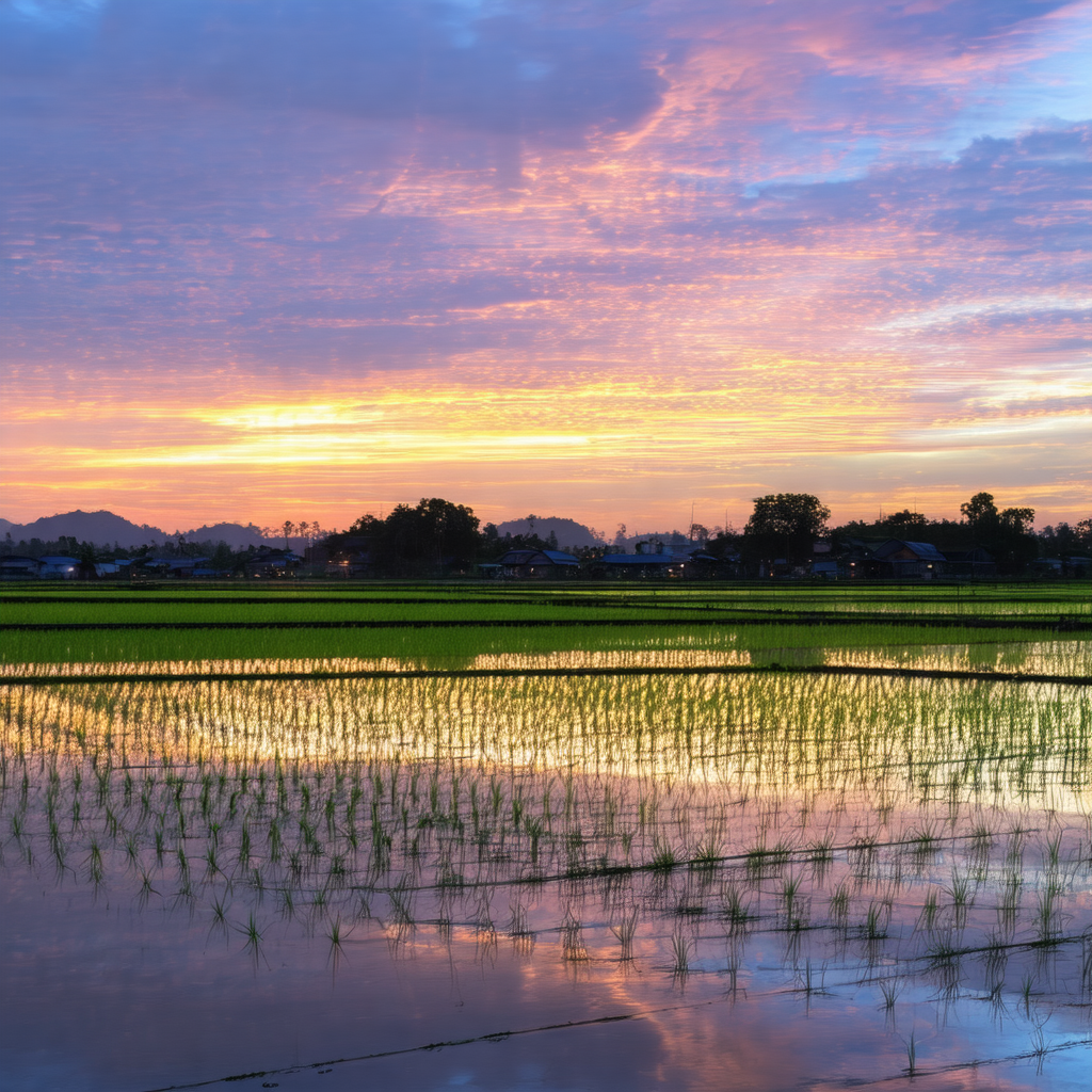 Beautiful sunset over a large field of rice