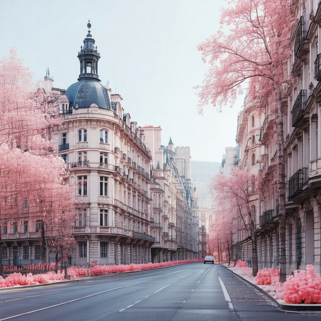 City street with a row of tall buildings on one side and ...